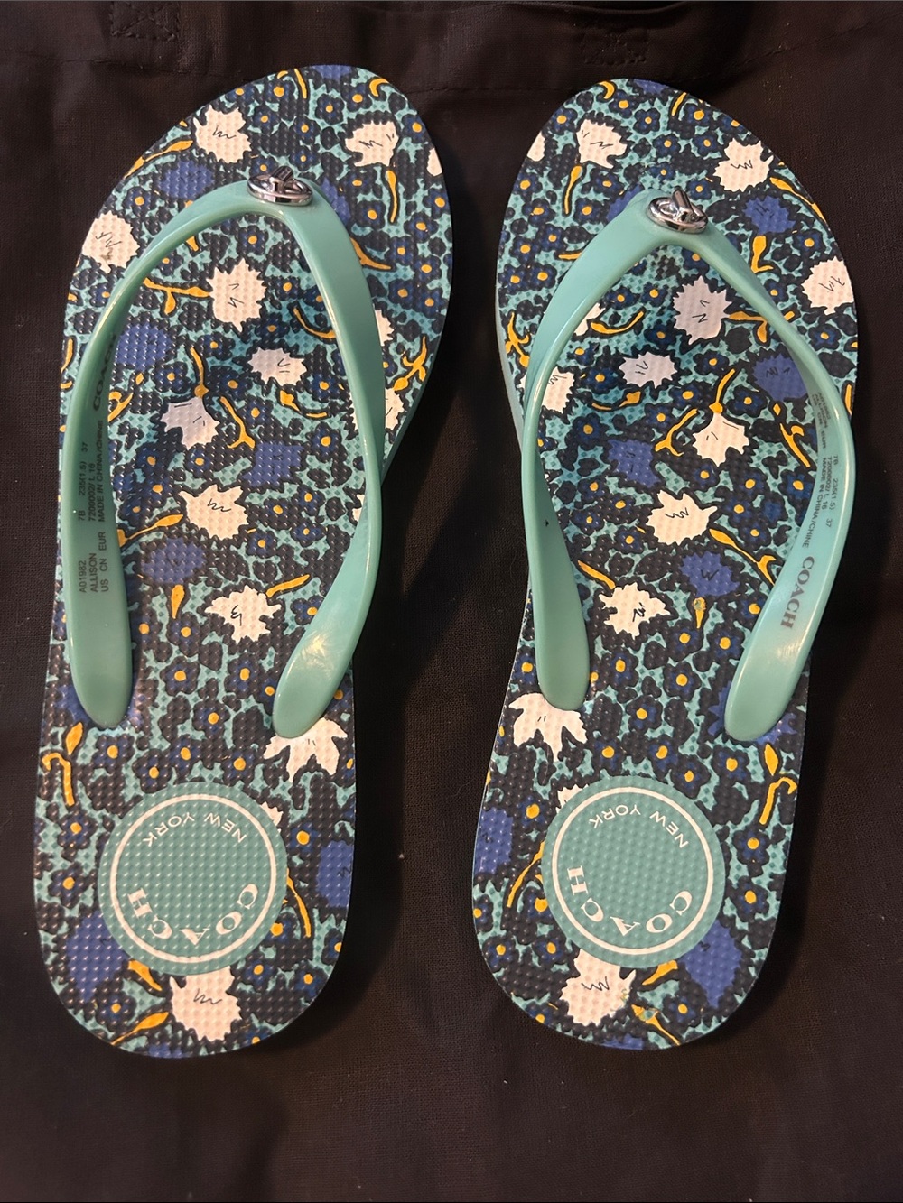 Coach Teal-Strap Floral Print Flip Flops